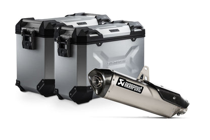 TRAX ADV aluminum case system + Akrapovic Silver. 45/37 l. Triumph Tiger 900 (19-23).